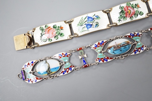 A Norwegian sterling and enamel floral bracelet, 16cm and one other 800 white metal and enamel bracelet, 19cm.